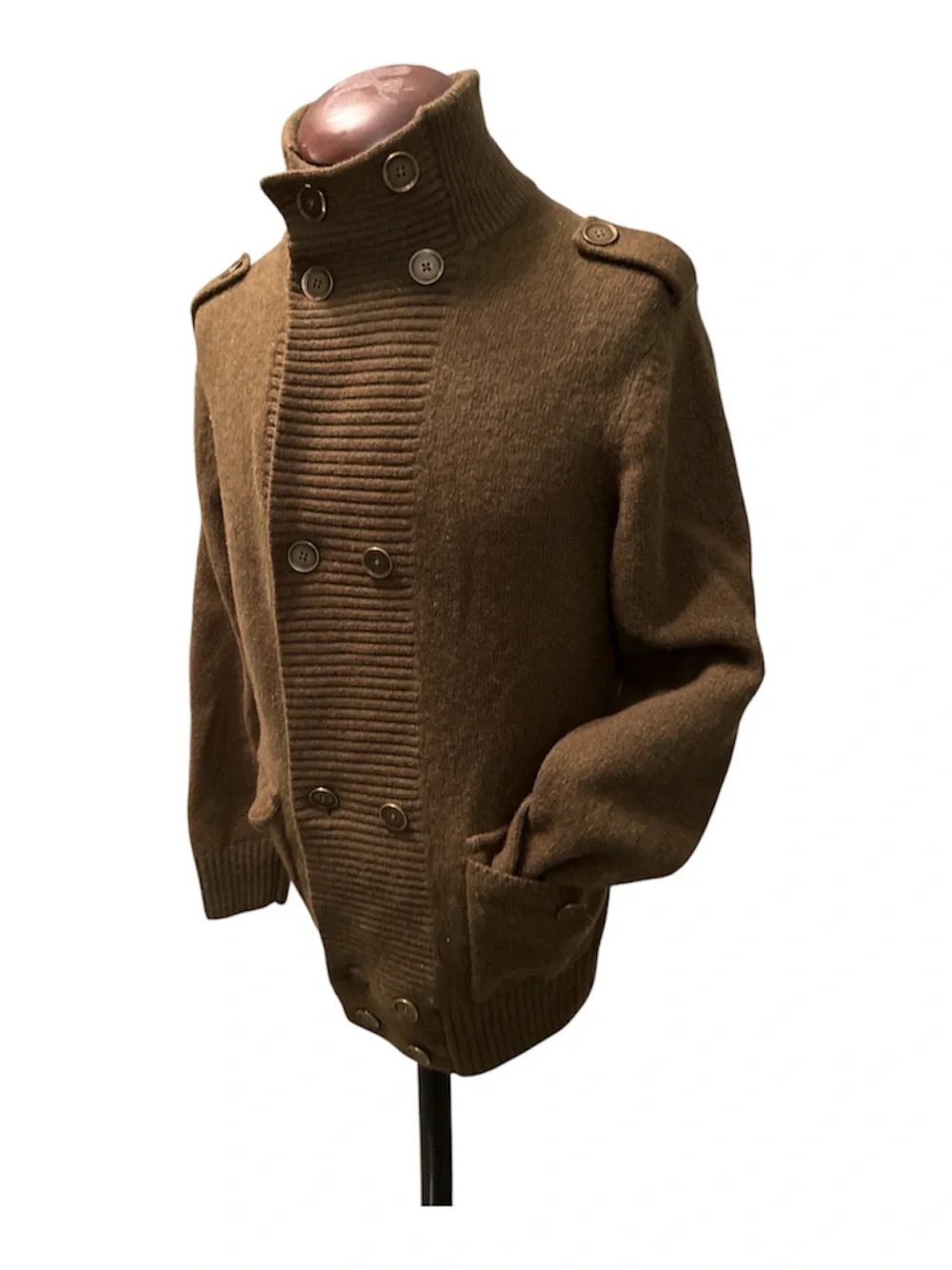 Men’s Lambswool Khaki Double‑Breasted Cardigan w/ Epaulettes – Tasso Elba M